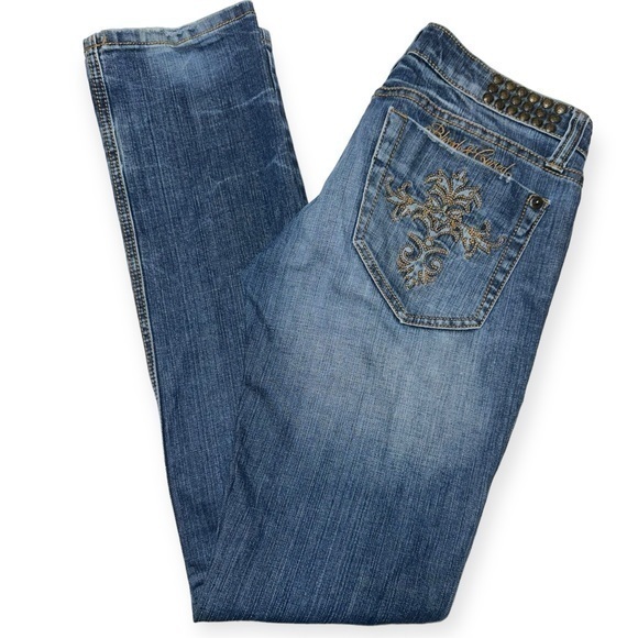 Blessed & Cursed 30 Medium Blue Embroidered Studded Forbidden Fruit Skinny Jeans - Picture 1 of 9
